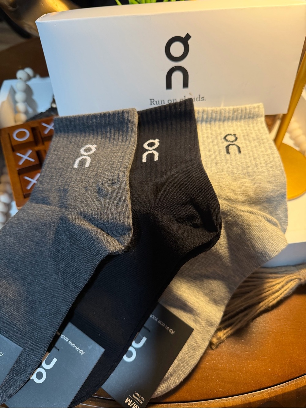 On Running 3-Pack Crew Socks in Black, Light Gray & Dark Gray